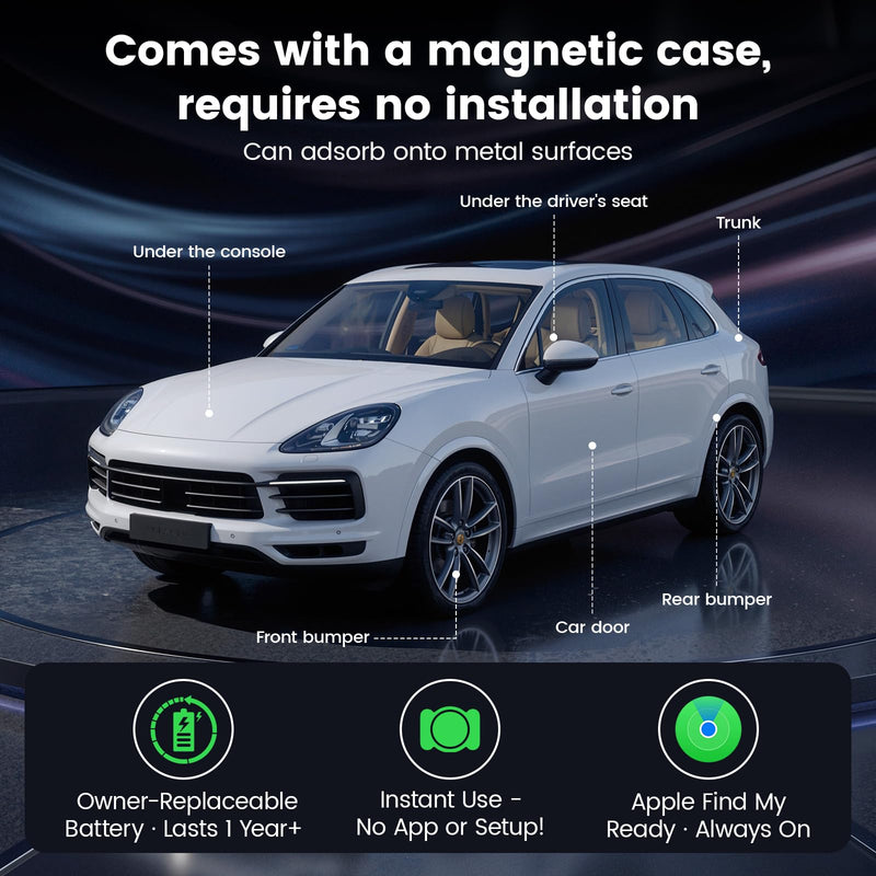 Mini GPS Tracker for Vehicles, Car Tracker Work with Find My (iOS Only) | No SIM Card Required, Hidden Magnetic-Sleeve Design for Secure Placement, Splashproof for Luggage, Bags, Keys, Vehicles Black