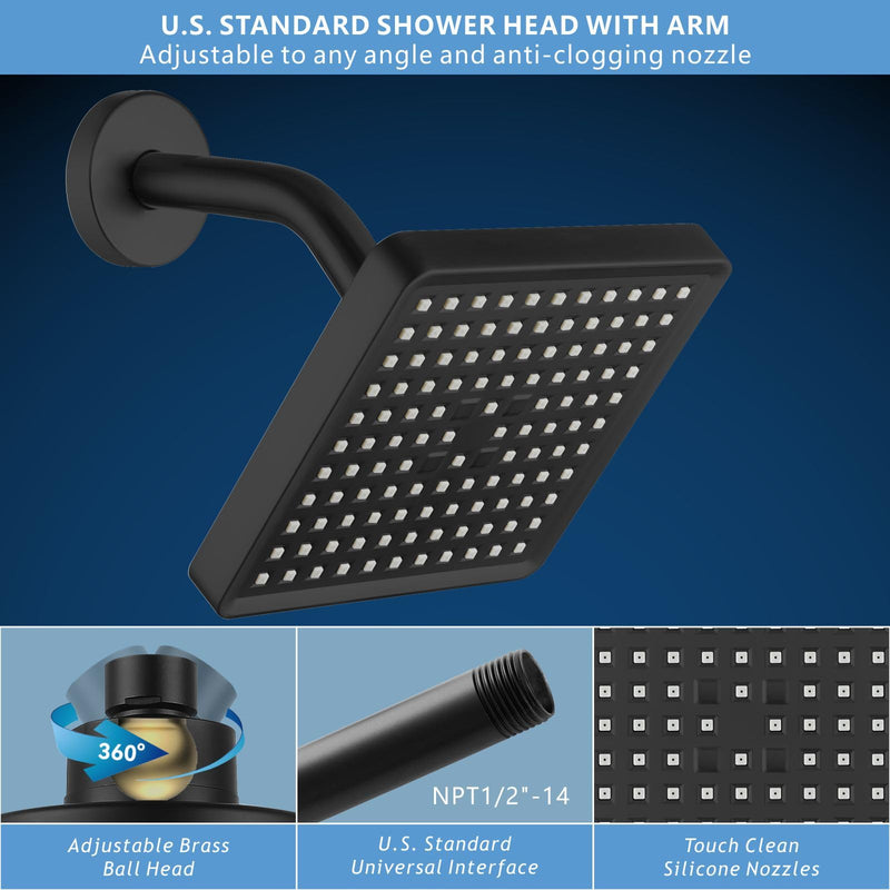 High Pressure Rain Shower Head with 6'' Shower Arm - High Flow Square Rainfall Showerhead - Luxury Modern Look - Pressure Boosting (Matte Black) Matte Black