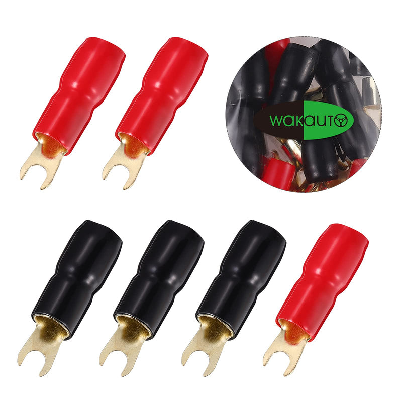 10 Pairs Copper Gold Plated 4 Gauge Strip Spade Terminal Spade Fork Adapters Connectors Plugs Crimp Barrier Spades for Speaker Wire Cable Terminal Plug - 4GA (Red and Black)