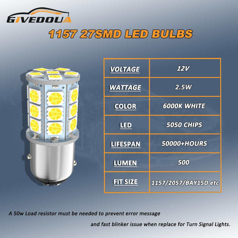 GIVEDOUA 1157 Led Bulb BAY15D 7528 2057 2357 Led Bulb for Brake Lights, Backup Reverse Lights,Tail Lights, Super Bright 5050 27-SMD 12V White (4pcs) 4