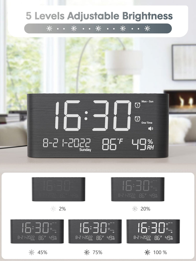 Raynic Alarm Clock, 8.7 Inch Digital Clock, Alarm Clock with USB and Type-C Charger,Dual Alarms,Temperature, Humidity,Date, 5 Adjustable Volume and 5 Dimmer for Bedroom Living Room Office (Grey) Dark Grey