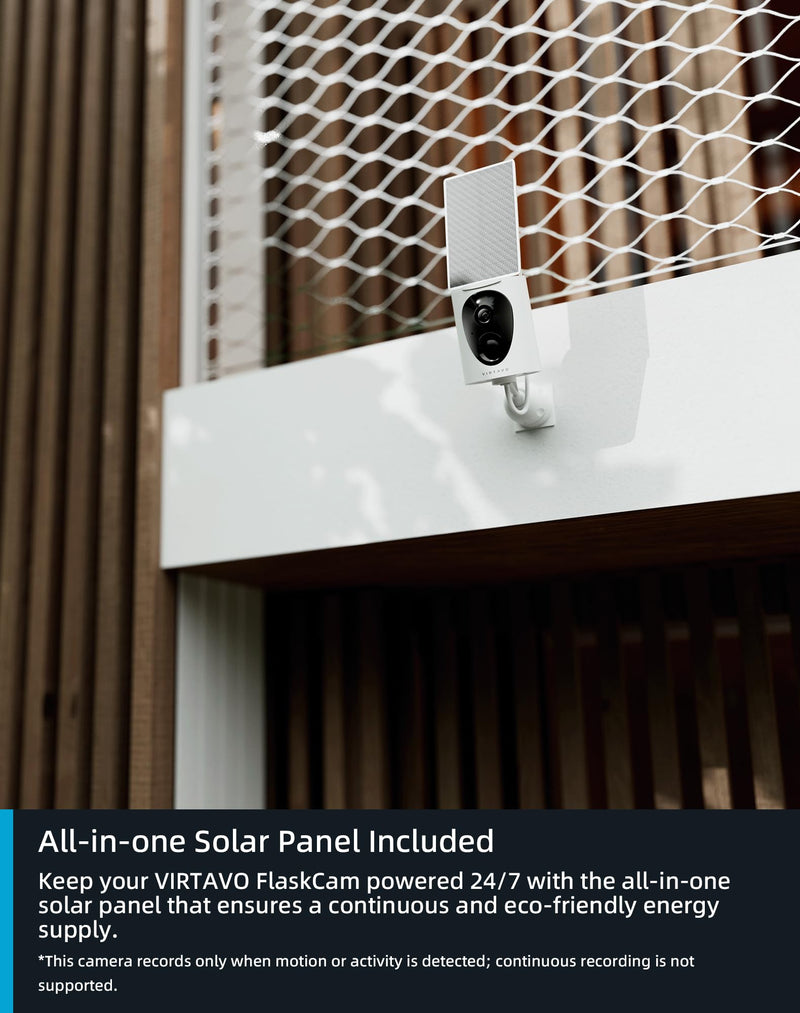 virtavo SolarFlask 2K Solar Security Cameras Wireless Outdoor, Starlight Lens, Color Night Vision, PIR Motion Detection, Battery-Powered, 2-Way Audio, Weatherproof, Cloud/SD Storage, 2.4GHz WiFi