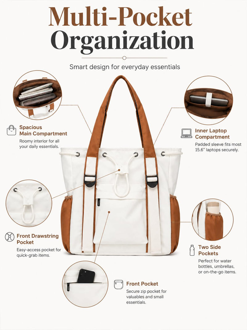 Drawstring Tote Purse for Women Beige Multi-Pocket Crossbody Bag Large Laptop Compartment Handbag White