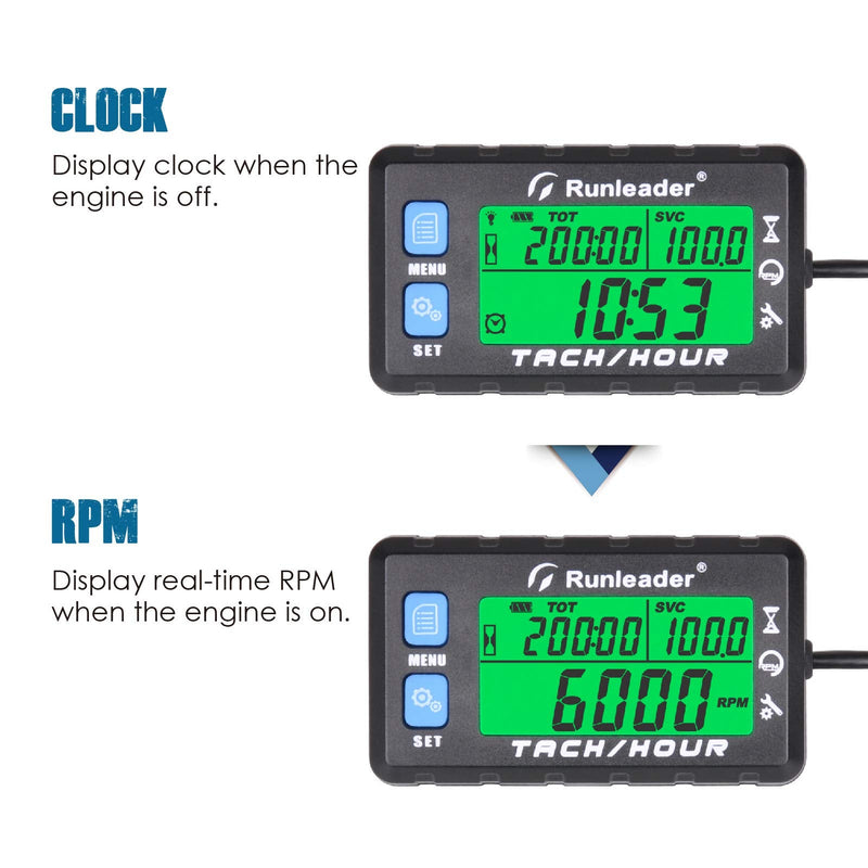 Runleader Hour Meter Tachometer, Maintenance Reminder, Alert RPM Reminder, Initial Hours Settable, Battery Replaceable, Use for Lawn Mower Generator Marine ATV and Gas Powered Equipment (HM058B-BU) HM058B-BU
