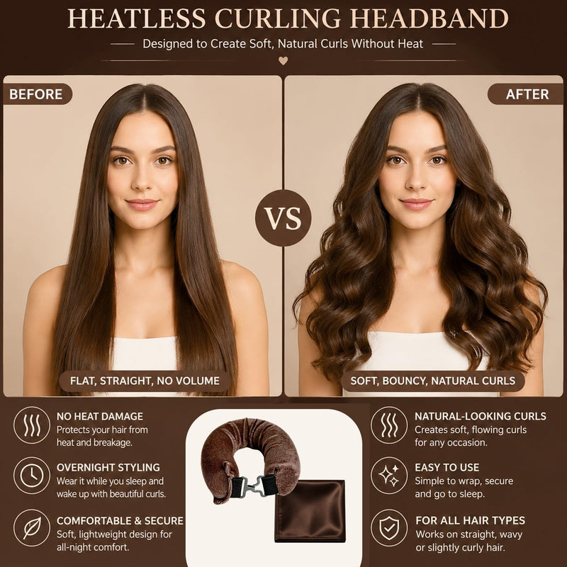 4 Pcs Heatless Hair Curlers, 3 Velvet Hair Rollers with Satin Scarf Styling Tools, Hair Curlers to Sleep Overnight Blowout Rods for Long Short Hair Volume Women - Brown Borwn & Headscarf