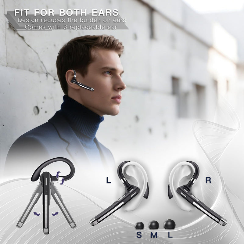 Boytond Bluetooth Earpiece V5.4,Wireless Headset with Mic for Work | 100H Playtime,500mAh Charging Case,CVC8.0 Noise Canceling,Dual Connect&Mute Button Headphone for Trucker,Driver,Office,Work Graphite Black & Silver