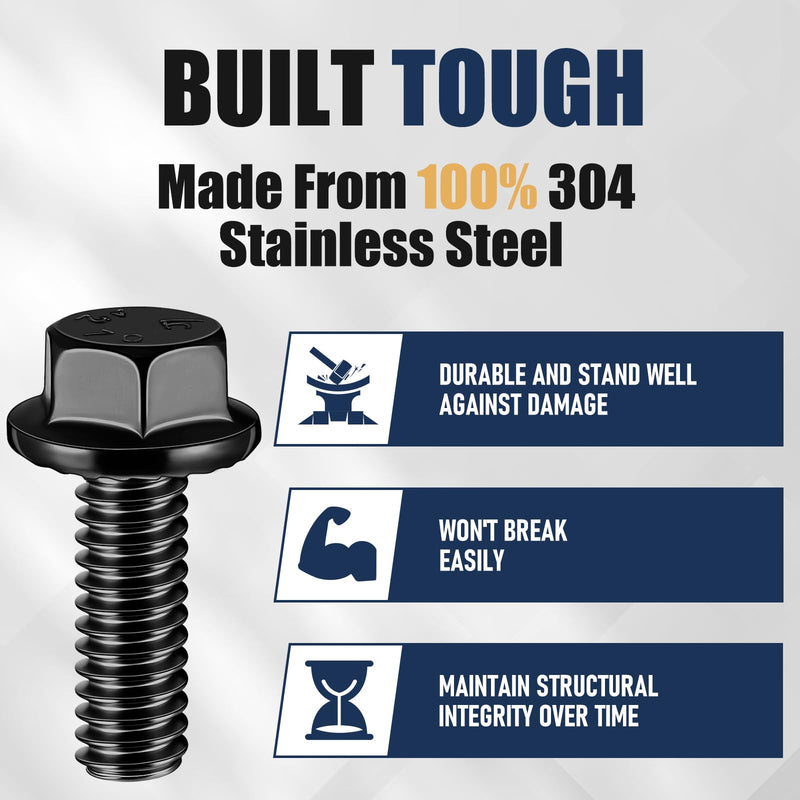 Zonon 100pcs 1/4-20 x 3/4" Stainless Steel Flanged Bolts, 304 Hex Head Bolts Kit, Heavy Duty Hexagon Screws with Reinforced Box, Fully Threaded Hardware Fasteners for Industrial & Marine Use(Black) 1/4-20 X 3/4'' Black 100