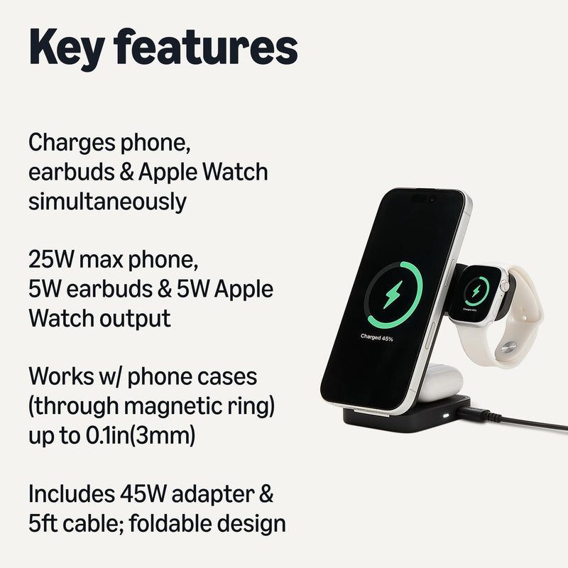 Amazon Basics MagSafe Compatible 25W Fast Charging Qi2.2 Certified 3-in-1 Wireless Charging Station, Foldable Stand for iPhone 17/16/15/14/13/12, Apple Watch, AirPods, with 45W Adapter, Black 2.78 x 3.91 x 4.06 in