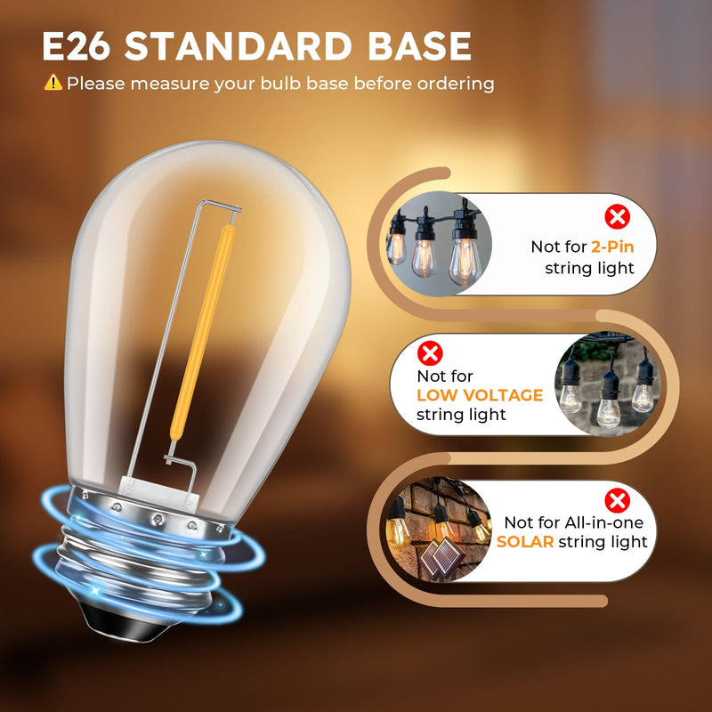 GvvooHome 48 Pack S14 LED Replacement Light Bulbs, Shatterproof Plastic 1W Outdoor String Light Bulbs for Patio, Garden, Waterproof, E26 Regular Medium Screw Base, Warm White 2200k Warm