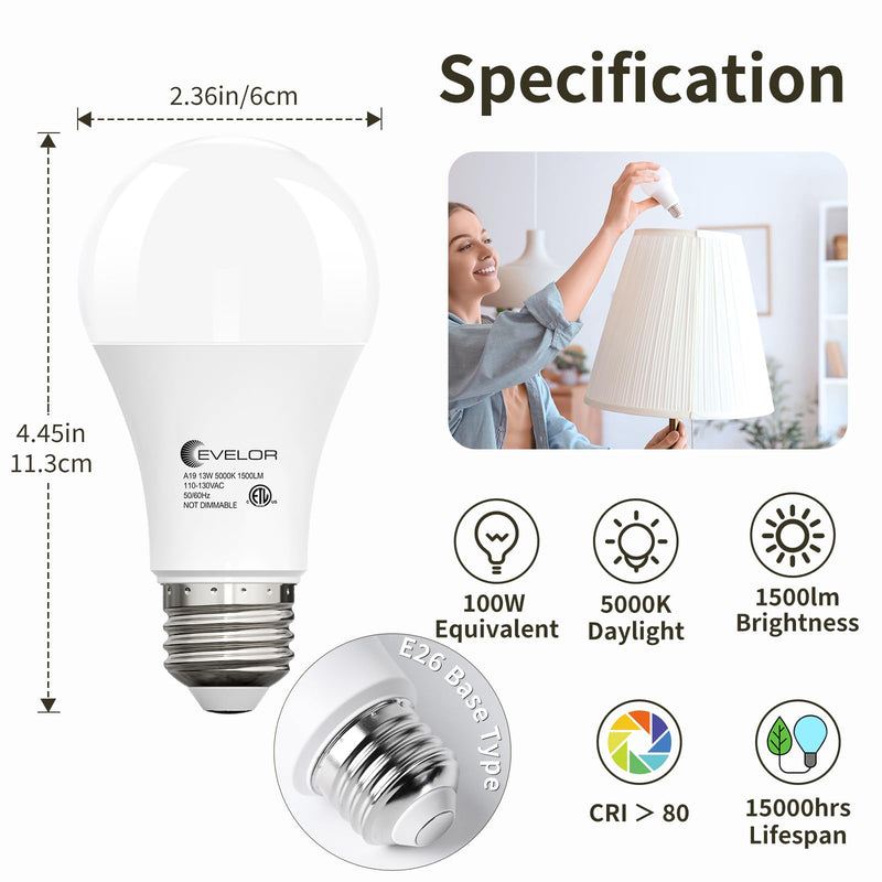 evelor 24-Packs A19 LED Light Bulbs,100 Watt Equivalent Daylight 5000K Bright Bulbs Efficient 13W,1500 Lumens E26 Base, Non-Dimmable, 15000-Hour Lifespan for Bedroom, Living Room, Office 24 Pcs