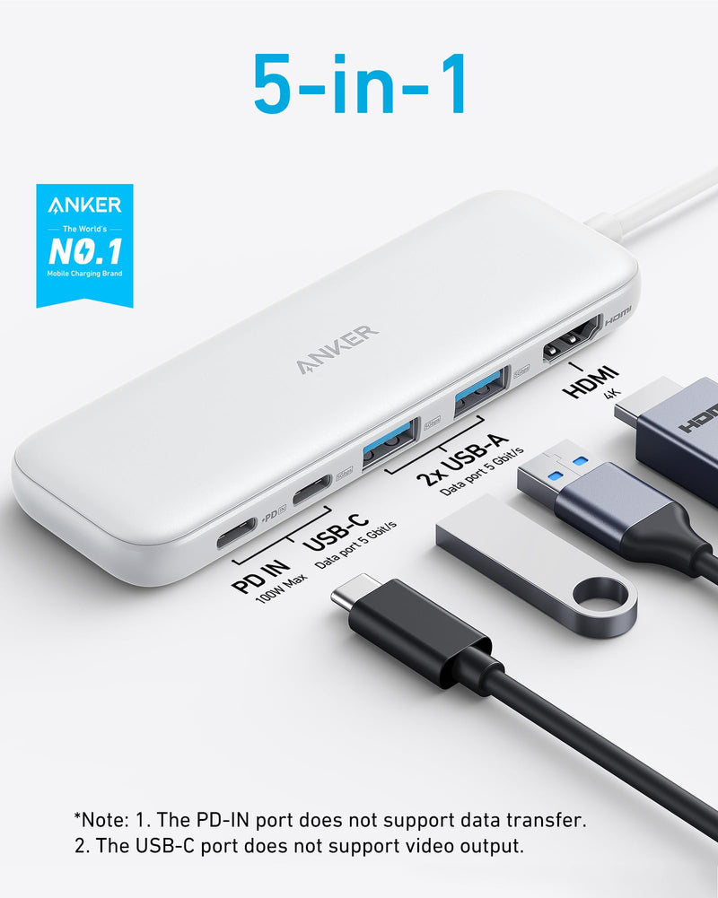 Anker 332 USB-C Hub (5-in-1) with 4K HDMI Display, 5Gbps USB-C Data Port and 2 5Gbps USB-A Data Ports and for MacBook Pro, MacBook Air, Dell XPS, Lenovo Thinkpad, HP Laptops and More(White) White