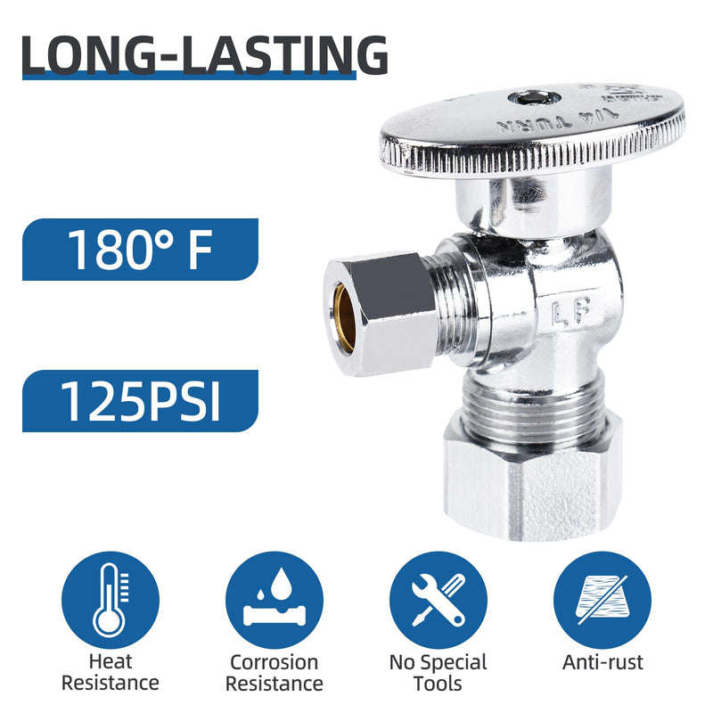 (10 Pack) BH Angle Stop Valve 1/2" Nominal Compression x 3/8" OD, 1/4-Turn Shut Off Valve, Chrome Plated Brass, for Bathroom Toilet Kitchen Shower Plumbing 10PCS