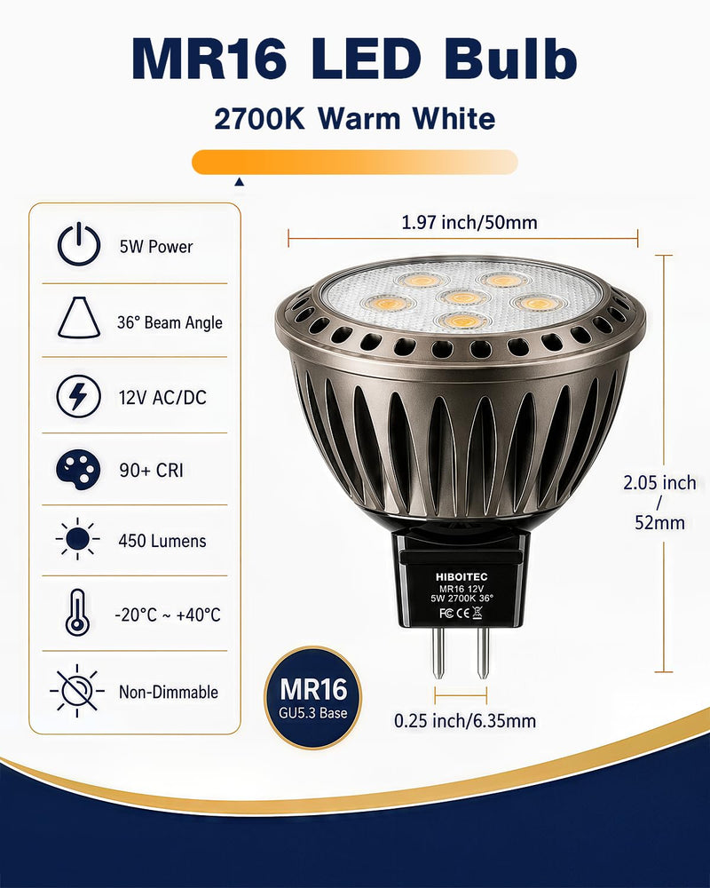 HIBOITEC MR16 LED Bulb 5W, 2700K Warm White, 50W Halogen Equivalent, GU5.3 Bi-pin Base, Energy Saving Low Voltage 12V MR16 LED Spotlight Bulb for Landscape Accent Lighting, Non-Dimmable, 6 Pack