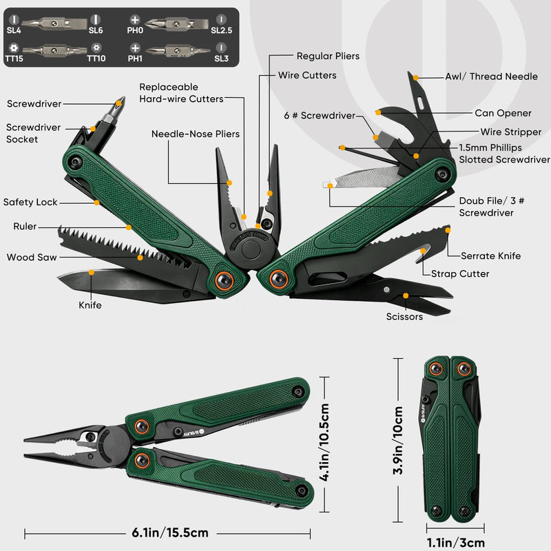 BIBURY Lightweight G10 Handle Multitool Pliers, 25-in-1 EDC Multi Tool with Replaceable Wire Cutters, Scissors, One-Hand Opening Pocket Knife Survival Tools for Camping, Repair,Survival -BI2048G Green