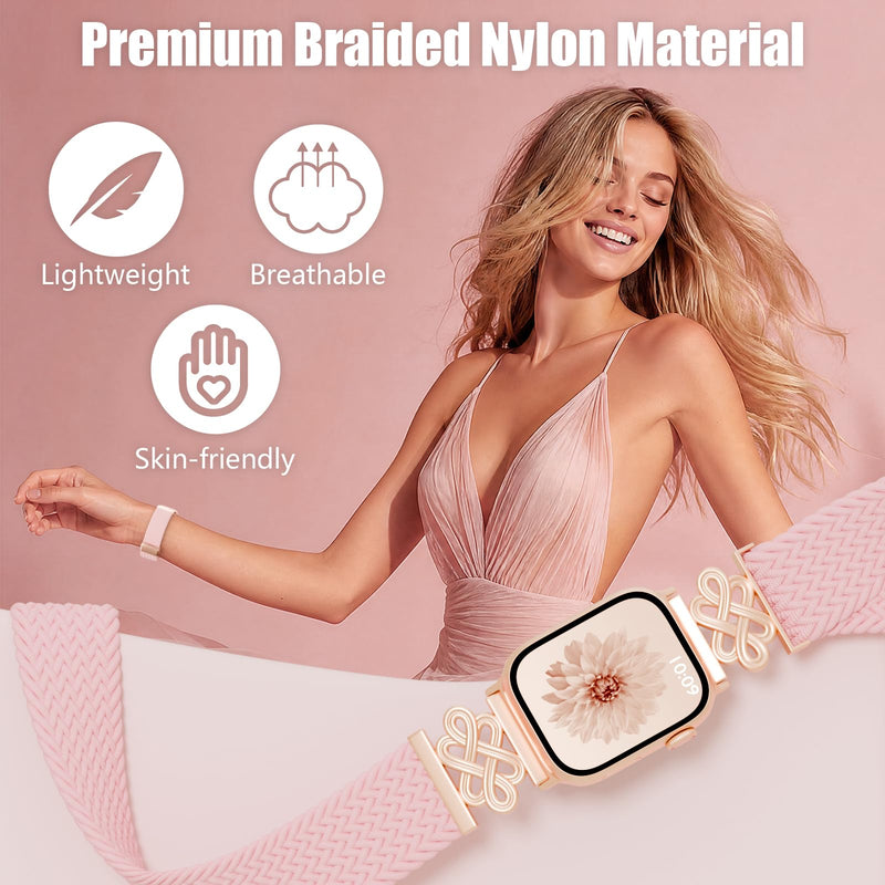 Magnetic Braided Stretchy Band Compatible with Apple Watch Bands Women | Dressy Metal Celtic Knot Nylon Strap for iWatch 38mm 40mm 41mm 42mm 44mm 45mm 46mm Series 11 10 SE 9 8 7 6 5 4 Ultra 3 2 1 Starlight/Starlight 38/40/41/42mm(Series 11/10)