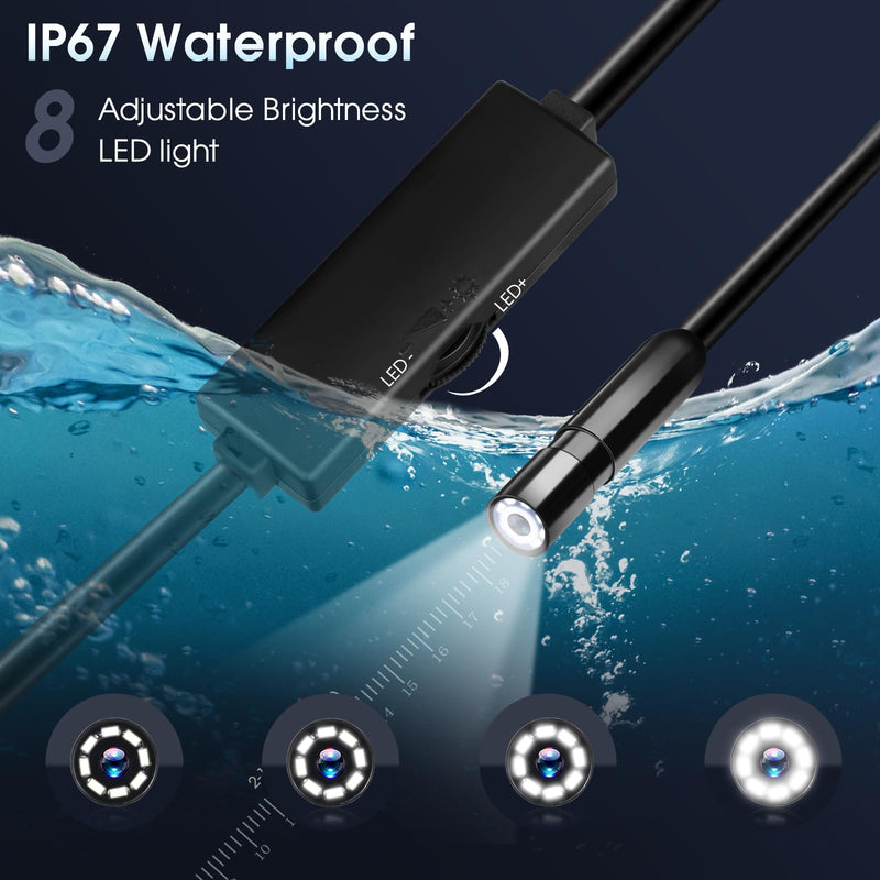 Endoscope Camera with Light – 1920P HD Borescope for iOS & Android (3.3ft) | 1920P HD, 8mm IP67 Waterproof Probe, 8 Adjustable LED Lights, Semi-Rigid 3.3ft Cable, Compatible with iOS & Android