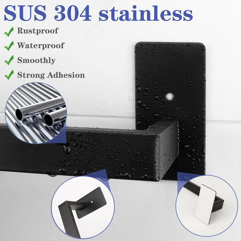 5 Pieces Self Adhesive Bathroom Hardware Set-SUS304 Stainless Steel-Towel Rack Set Include 16″Towel Bar+Toilet Paper Holder+3 Towel/Robe Hooks Bathroom Accessory (Matte Black, 16 in) Matte Black