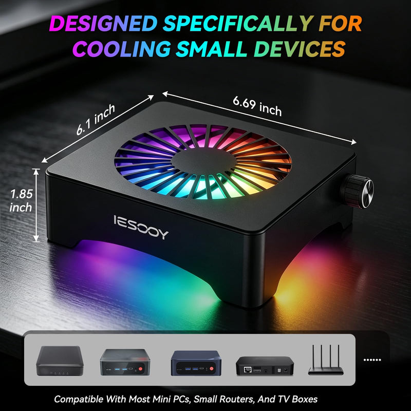 Aluminum Cooling Stand, Quiet 120mm 12V Fan with ARGB Light | Integrated Speed Controller, Compatible with Mac mini, Desktop, Router, TV Box, Mini PC, AV Receiver