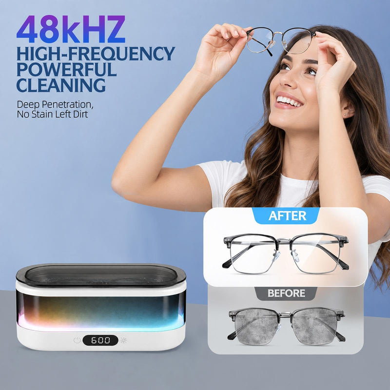 Ultrasonic Jewelry Cleaner 48KHz with RGB Lights for Eyeglasses, Rings, Watches, Dentures, 350ML 304 Stainless Steel Tank, Dual Modes Professional Sonic Cleaner Gift for Wife,Mom,Daughter White