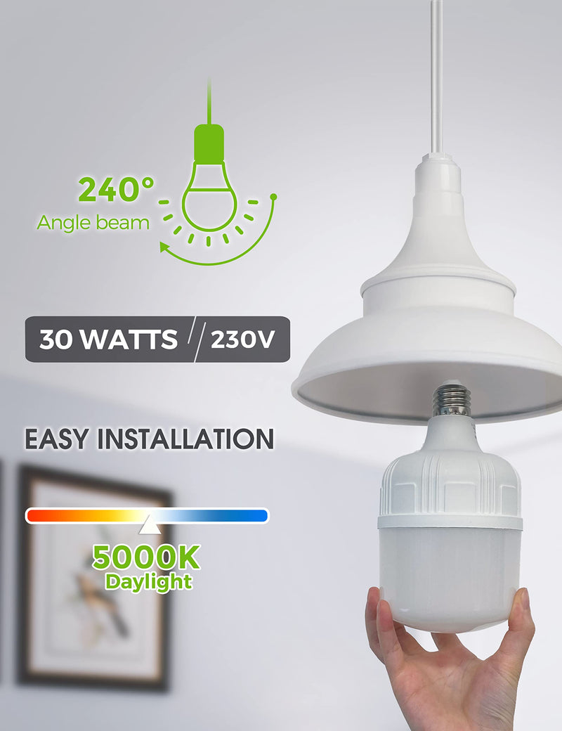 L LOHAS LED Super Bright Light Bulbs, 250-300W Equivalent 3400LM E26 Garage LED Bulb, 5000K Daylight 30 Watt High Lumen LED Bulb w/E39 Adapter for Commercial Warehouse Workshop Factory Barn, 2 Pack Daylight White