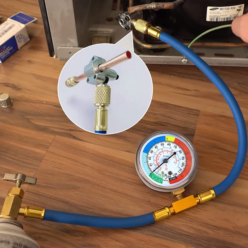 R134A Refrigerator Freon Recharge Hose Kit, R134A AC Refrigerant Charging Hose Gauge, Bullet Piercing Valve Hose Refrigerant Can Tap, R134a Self-Sealing Adapter for Home AC Refrigerant System 4