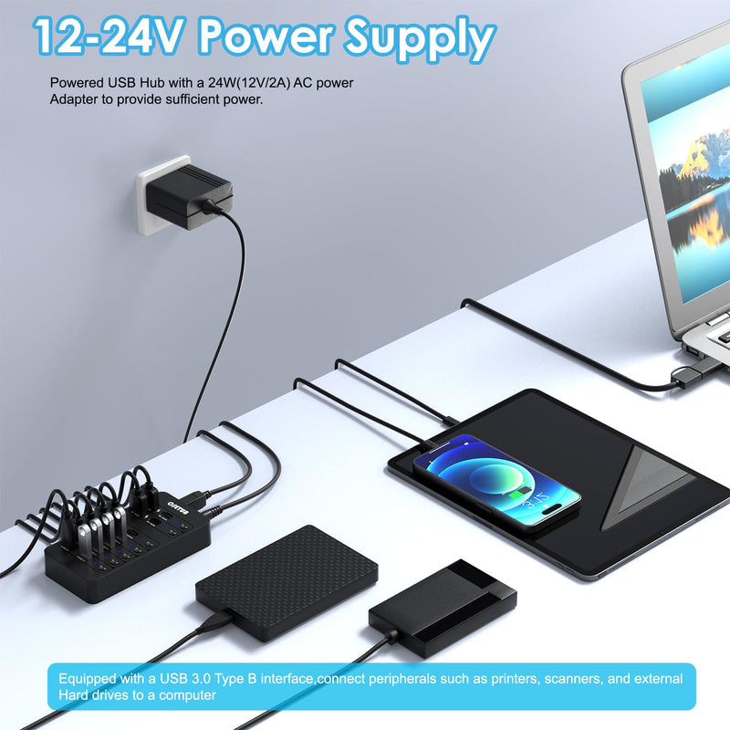 14-in-1 Powered USB Hub, USB Data Hub w LED Individual On/Off Switches for MacBook/PC/Steam Deck & External HDDs, 6 USB 3.0,3 USB 2.0,2 USB-A/C Charging,1 USB-C 3.0,1x PD 60W,1x Type-B for HDD Dock
