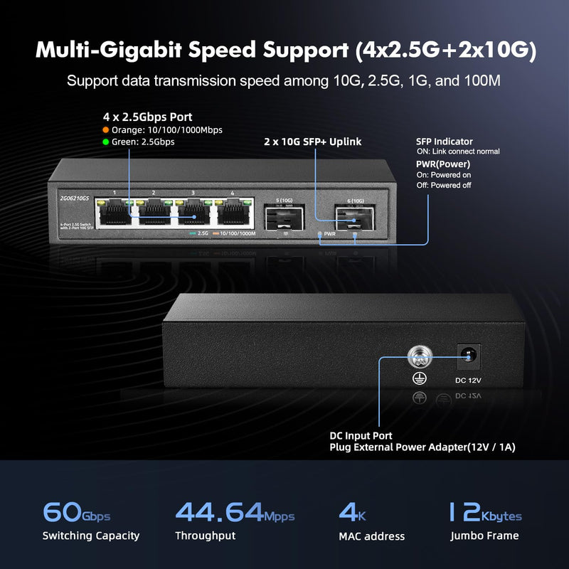 YuLinca 4 Port 2.5G Network Switch with 2x10G SFP, 2.5Gbps Network Hub Ethernet Splitter, Compatible with 100/1000/2500Mbps, Multi-Gigabit Fanless Unmanaged Metal Desktop Gaming Switch 4x2.5G + 2x10G SFP