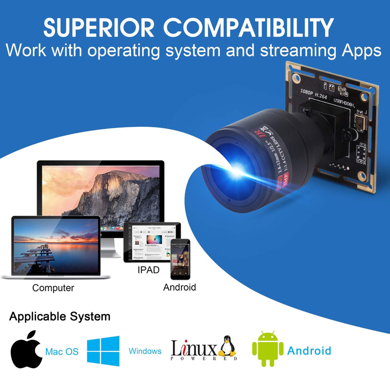 1080P USB Camera Module, 0.01Lux Low Light Camera with 2.8-12mm Varifocal Lens H.264 2MP CMOS IMX323 UVC Industrial Webcam Board for Window Linux Android Mac OS