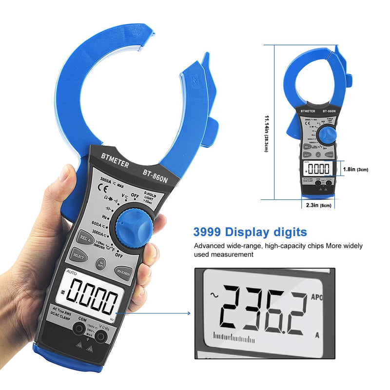 Digital Clamp Meter 3000A Amp Meter, BTMETER Auto Ranging Multimeter True-RMS Measure AC/DC Current Voltage Frequency Resistance Capacitance Temperature, Electrical Tester BT-860N Blue