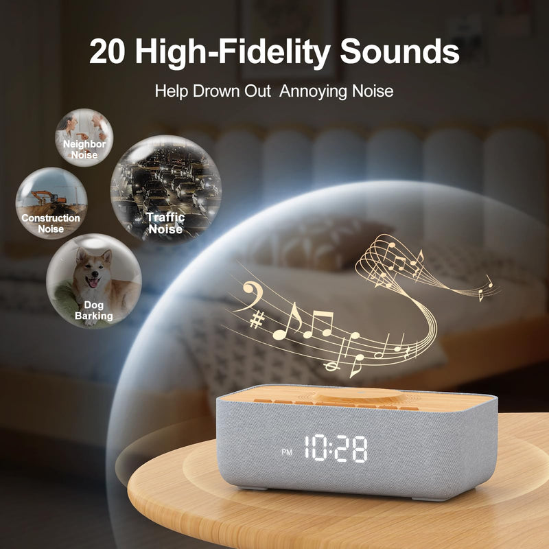 REACHER 15W Fast Magnetic Wireless Charging Alarm Clock with White Noise Machine, Woodgrain Style, 20 High‑Fidelity Sounds, Gradual Wake & Snooze, 0–100% Dimmable Digital Clock, Bedroom & Office Wood Grain