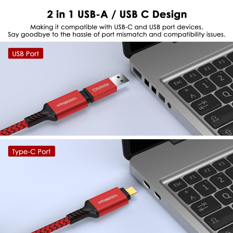 USB C to Ethernet Cable 25 FT - 2 in 1, USB A/C to RJ45 Cable, 1Gbps Braided Ethernet to USB C Cable, Type C to RJ45 Ethernet for Thunderbolt 4/5, MacBook Pro/Air, iPhone 16/17, XPS, Galaxy S24 25FT