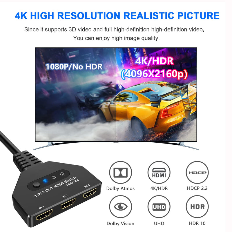 HDMI Switch 3 in 1 Out-HDCP 2.2, 4K@60hz 3 Way hdmi Splitter Supports Full 1080P 3D Compatible with Roku Fire TV Stick HDTV PS4/PS5 Xbox One Chromecast, Compatible with Mac/Win/Linux