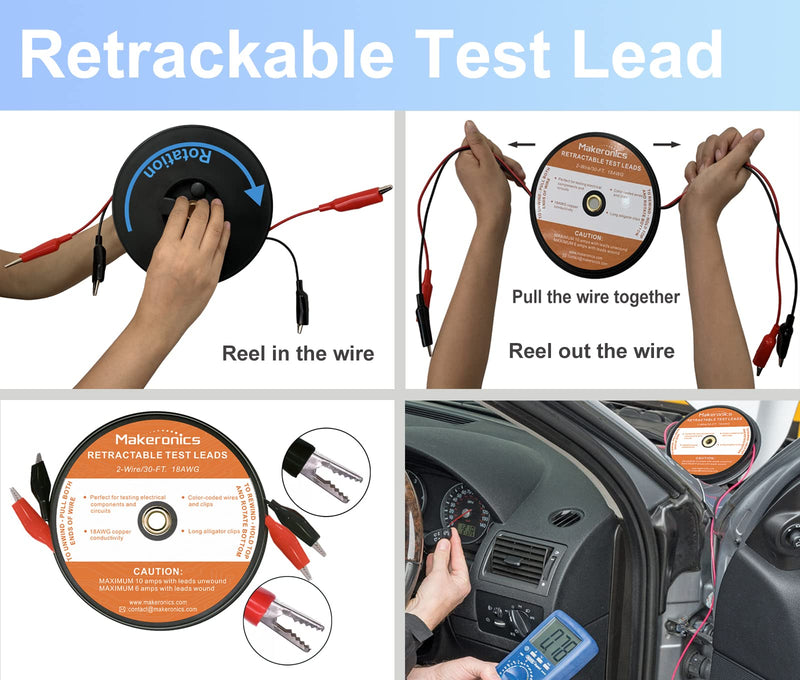 Makeronics 2 Wires 30FT 18AWG Retractable Test Leads with Roll-up Storage Pouch | 15 Pcs 30V Back Probes | 5 Pcs 4mm Banana Plug to Alligator Clip Circuit Test Wires (39.37") | 2 PCS Alligator Clips