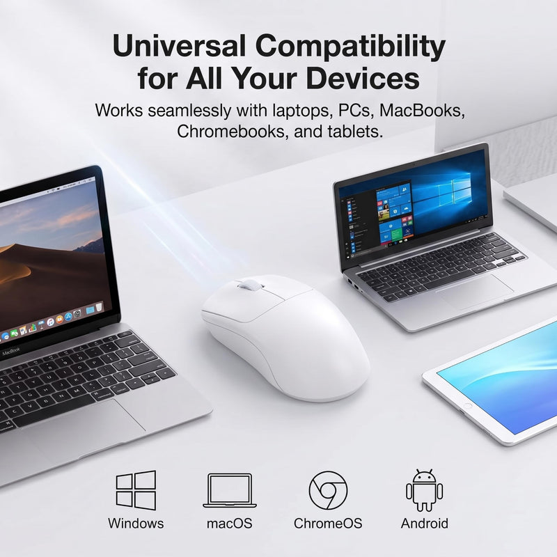 Wireless Mouse, Bluetooth & 2.4G, Silent Click, 3 DPI, Rechargeable -White | Bluetooth 5.4 & 2.4G Dual Modes, Silent Click, Rechargeable Battery, Ergonomic Design for Laptop, PC, Mac, Chromebook, Tablet