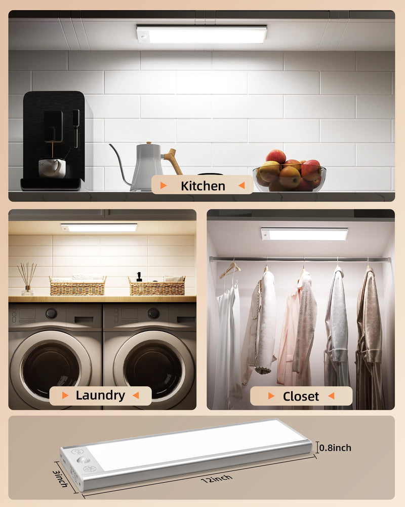 EZVALO 220LM Super Bright Under Cabinet Lighting Wireless, 5000mAh Rechargeable Battery Motion Sensor Light Indoor, Dimmable Under Counter Lights for Kitchen, 3-Inch Ultra-Wide Panel Closet Light White 2Pack-12inch