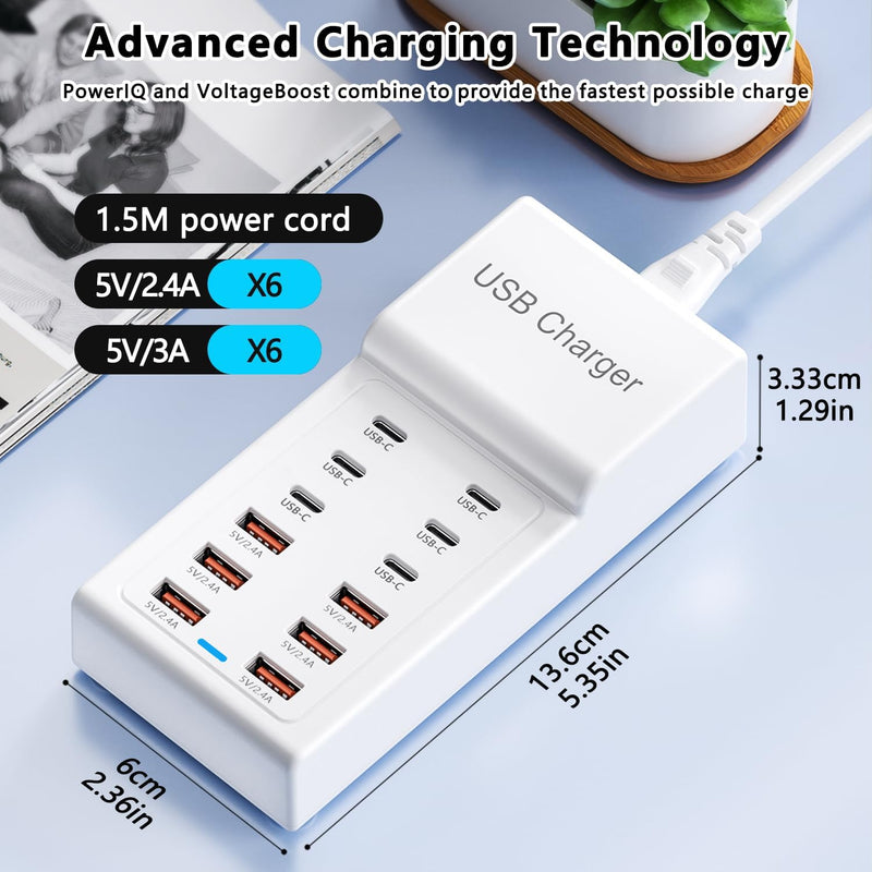 Multi USB C Charger, USB Charging Block Station, 50W 12 Port Multiple USB C Power Strip USB Hub Compatible with iPhone 17 Pro Max/16/15/14/13/12/11, iPad, Tablets, Samsung Galaxy S25/S24, Pixel