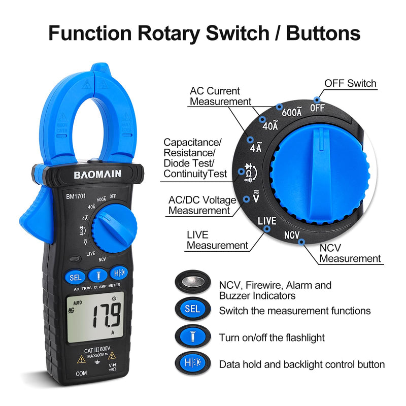 Baomain Digital Clamp Meter 4000 Counts Multimeter, Measures AC Current (4A/40A/600A), AC/DC Voltage,Resistance,Diode,Continuity, with NCV,Live Wire Test,BM1701 4000 Counts (4A/40A/600A)