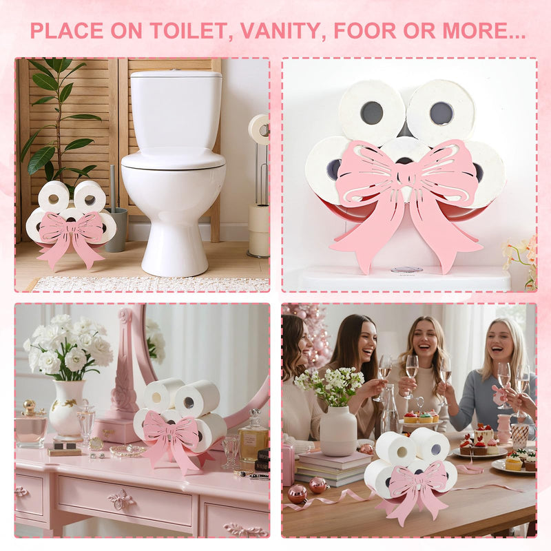 Geelin Light Pink Bow Bathroom Decor Pink Toilet Paper Holder Metal Paper Storage Wedding Bow Bathroom Decor 8 Rolls Toilet Tissue Holder Wall Mounted for Restroom Bedroom Coquette Home Decoration