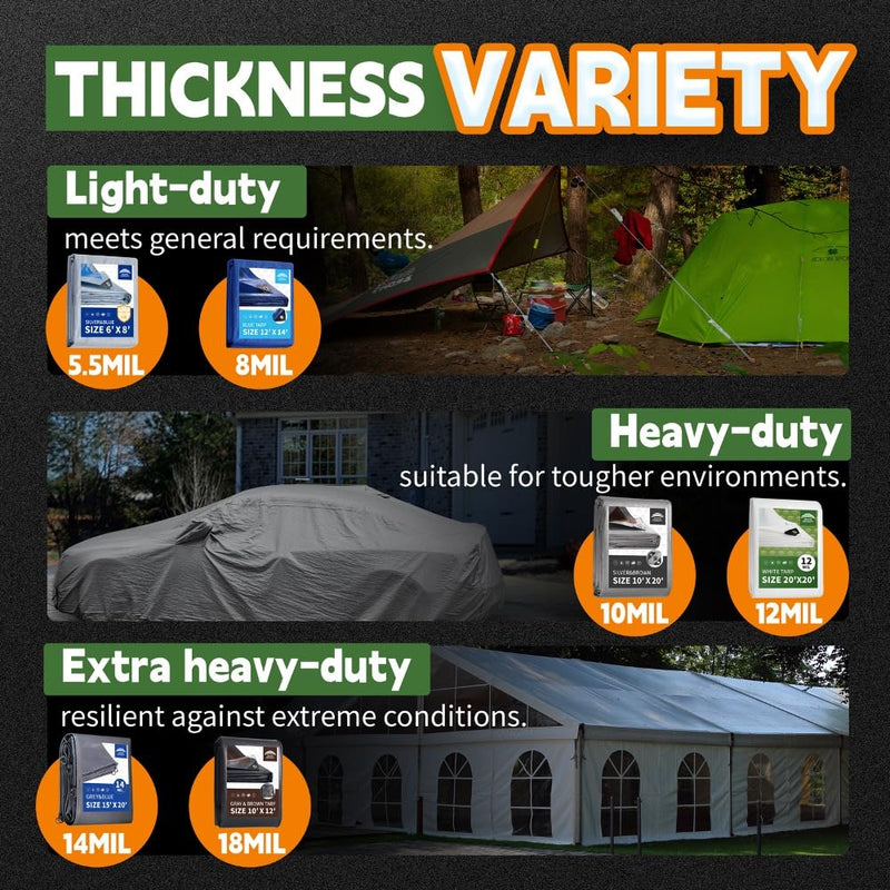Small Black Tarps 4x6 Feet (2 Pack), UV Resistant, 8 Mil Multipurpose Medium Duty Waterproof Poly Tarp Cover with Metal Grommets and Reinforced Edges by RAINDEWAY Black-8mil 4'x6' (2 Pcs)-Finished Size
