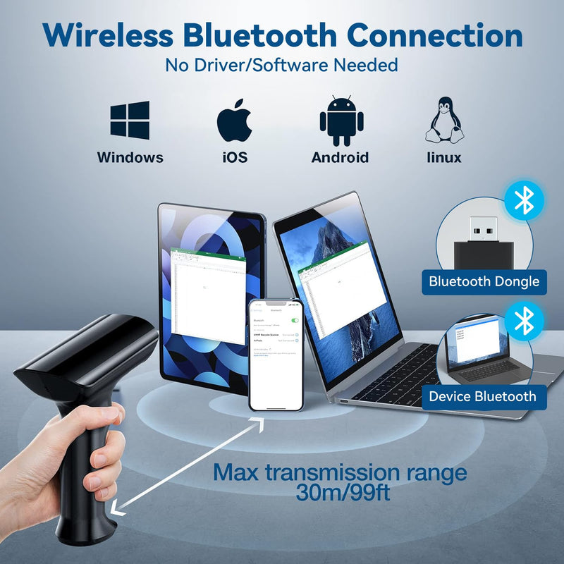 iDPRT Bluetooth 1D 2D QR Barcode Scanner, Wireless Barcode Scanner, Handheld UPC EAN Label Screen Reader with Dongle, Android Windows, USB Wired, Rechargeable for Retails Supermarket Warehouse Library Medium Black