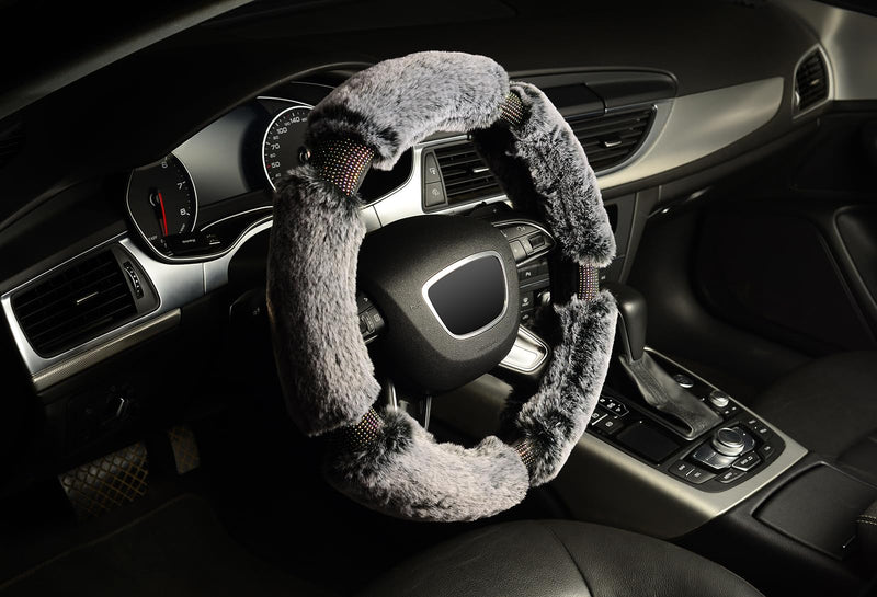 KAFEEK Diamond Fluffy Microfiber Plush Steering Wheel Cover with Bling Bling Crystal Rhinestones for Winter Warm, Universal 15 inch Fuzzy Steering Wheel Cover,Gray gray