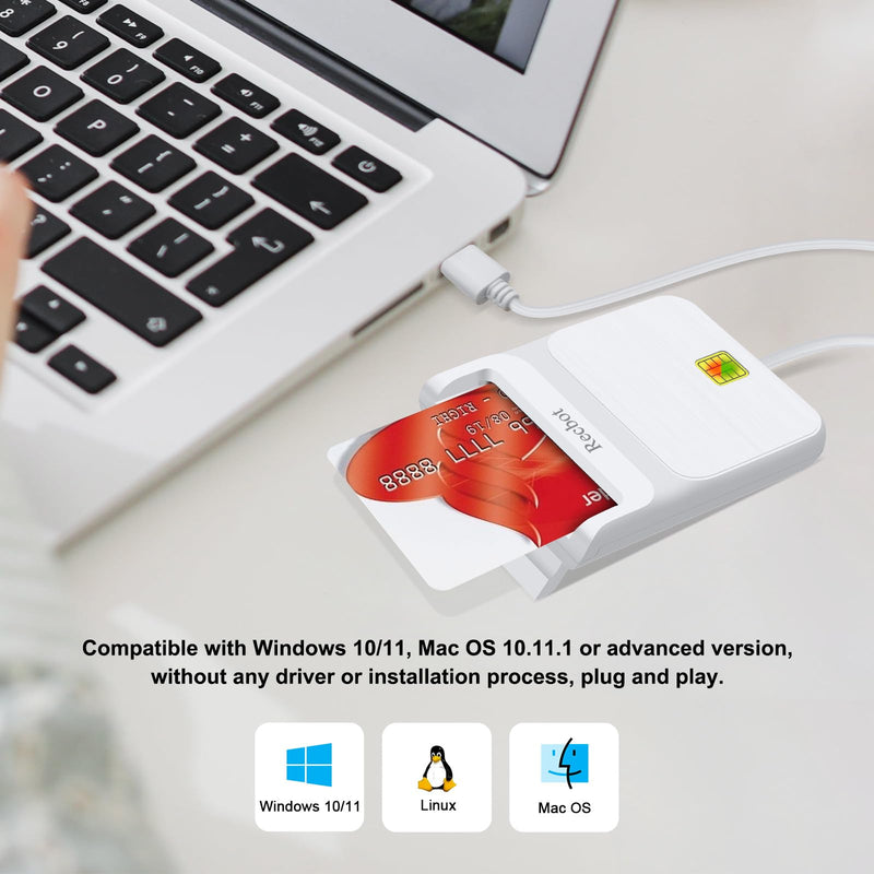 Recbot CAC Card Reader Military, CAC Reader Military, DOD Military USB Common Access CAC Smart Card Reader, Compatible with Windows, Mac OS and Linux (White) white