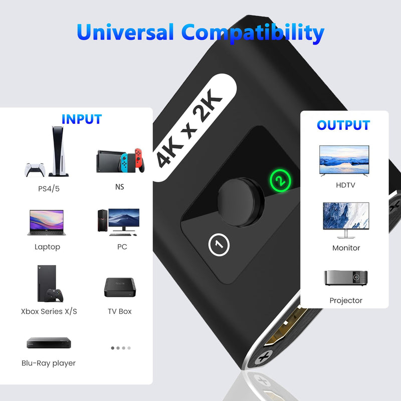 HDMI Switch Splitter 4K@60Hz, Aluminum Bi-Directional HDMI 2.0 Switcher, HDMI Splitter 1 in 2 Out/ 2 in 1 Out, Support 4K 3D HDR for Xbox, PS5/4/3, Fire Stick, Roku, HDTV, Projector, Computer (Black) Black