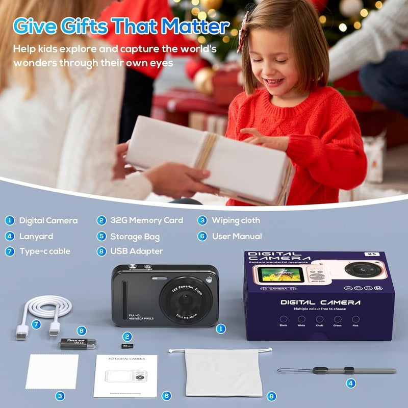 Digital Camera for Kids, 48MP FHD 1080P Point and Shoot Digital Cameras with 16X Zoom Anti-Shake, Compact Portable Cameras for Photography, for Boys Girls Teens Beginners glossy black