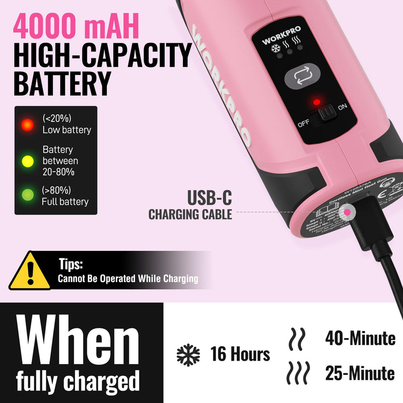 WORKPRO 7.2V Cordless Mini Heat Gun for DIY Crafts, 4000mAh Hot Air Gun, 1.5s Fast Heating, 3 Temp Settings (Cool/572°F/842°F), USB-C Rechargeable, Perfect for Crafts & Decorations - Pink Ribbon