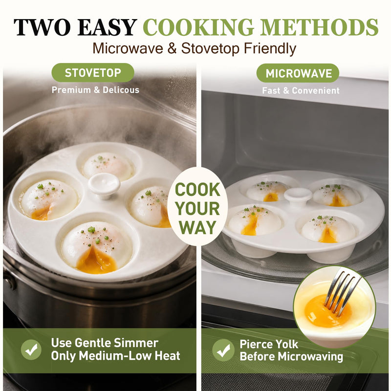 Ceramic Egg Poacher, 4-Cup Egg Poacher Pan Nonstick for Perfect Poached Eggs, Poached Egg Cooker Compatible with Most Pots, Stovetop Cooking, Easy-Clean Egg Cooker Poacher for Perfect Poached Eggs