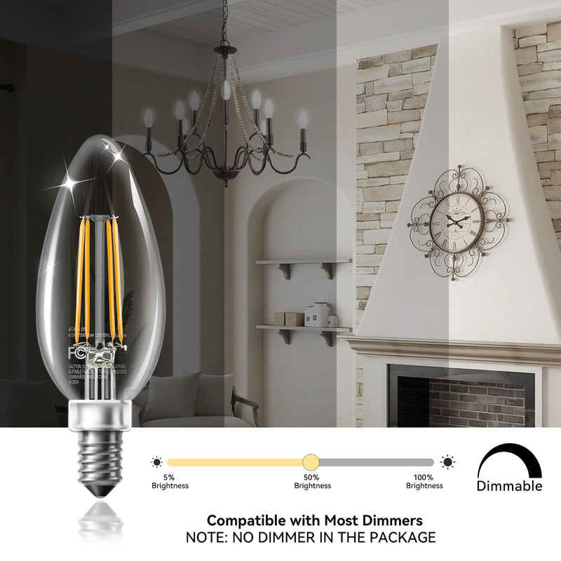 TJOY LED Candelabra Bulbs Dimmable, 60W Equivalent Chandelier Light Bulb, E12 Small Base, 4.5W 2700K Soft Warm White, B11 Vintage Filament Clear Glass Candle Light for Ceiling Fan Chandeliers, 24Pack 2700k Warm White 24 Pack
