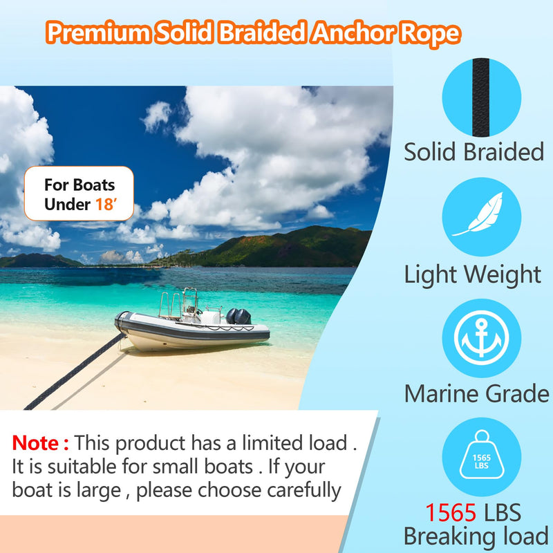 3/8 Inch 50 FT Anchor Rope, Boat Anchor Rope Solid Braid MFP, Anchor Line with 316 Stainless Steel Thimble and Snap Hook - Black 3/8inx50ft