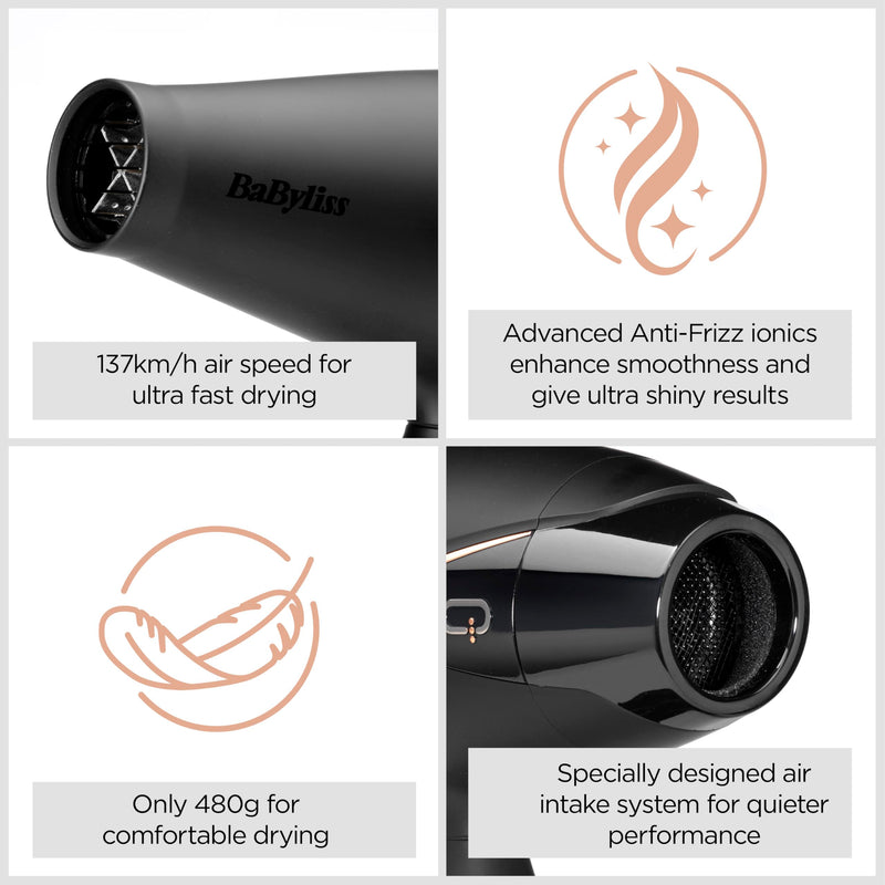 BaByliss Professional 3Q Hair Dryer - Powerful 2200W Blow Dryer, Extra-Fast Air Flow and Ultra-Lightweight, 3 Heat & 2 Speed Settings, Black, 5665U Single