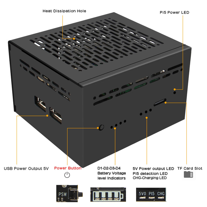 Geekworm X1202-C1 Metal Case for Raspberry Pi 5 & X1202 UPS & Active Cooler & X1000/X1001/X1003/X1004/M901 PCIe Top